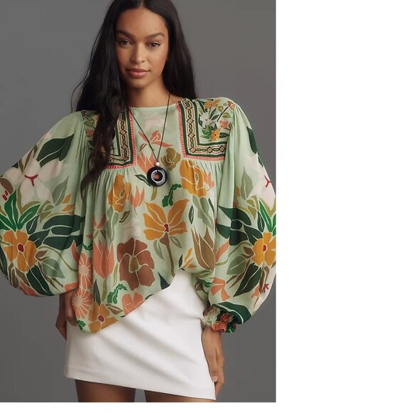 Anthropologie Tops - Anthropologie Bl-nk Miranda Peasant Blouse new size XS GREEN color nwt
